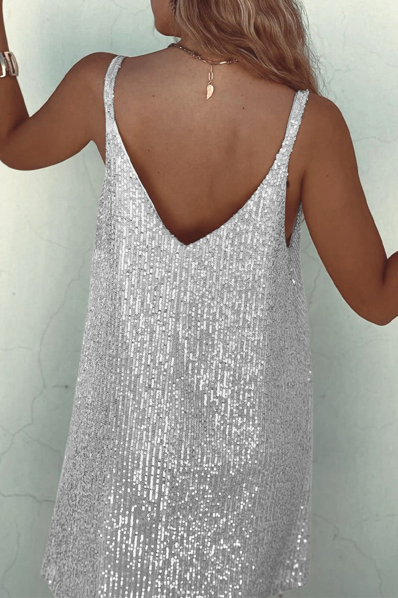 Ladies Mini Dress - Sleeveless - Sequins - V-Neck - Spaghetti Straps - Elegant Fit