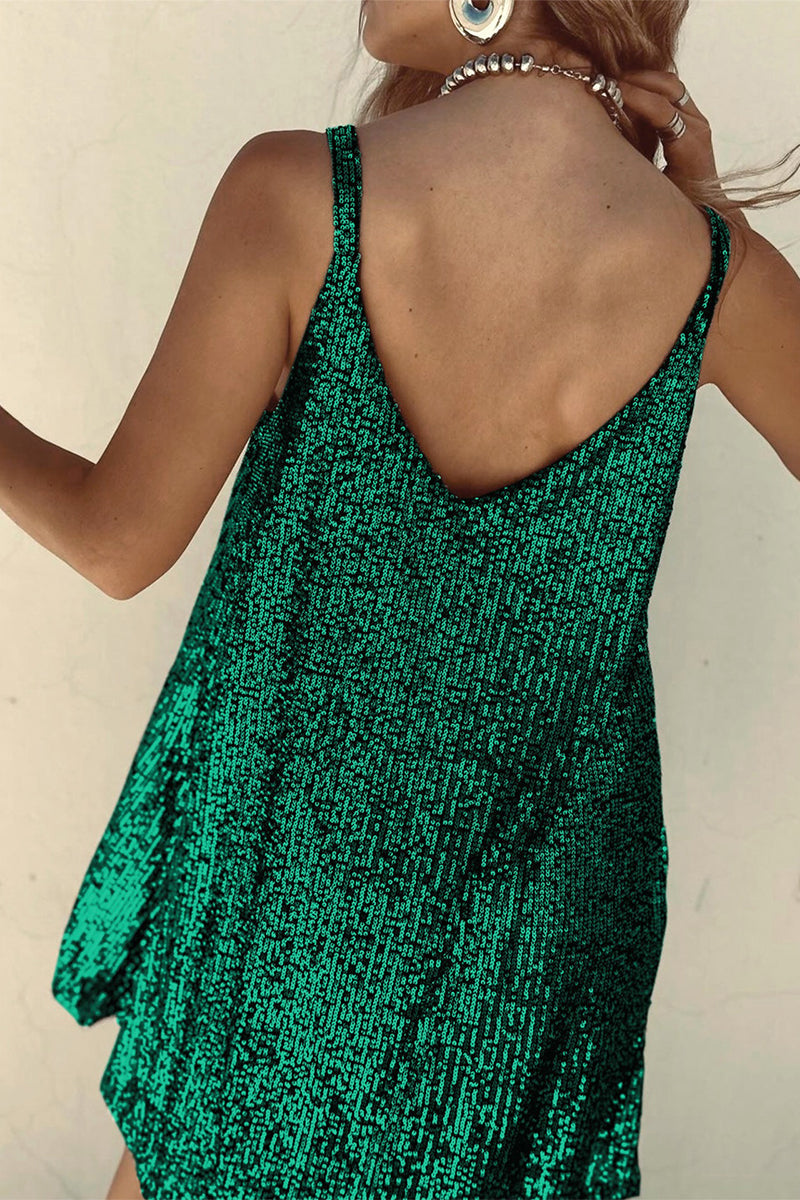 Ladies Mini Dress - Sleeveless - Sequins - V-Neck - Spaghetti Straps - Elegant Fit