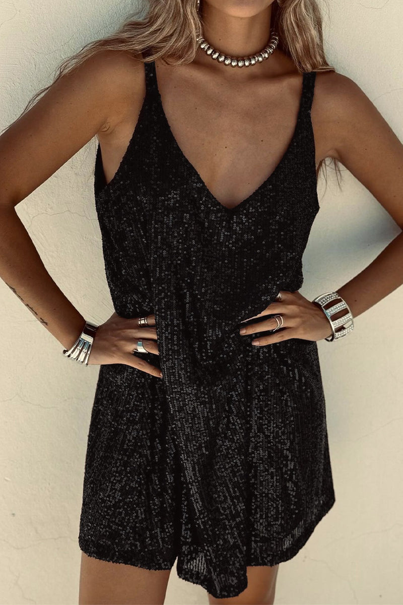Ladies Mini Dress - Sleeveless - Sequins - V-Neck - Spaghetti Straps - Elegant Fit