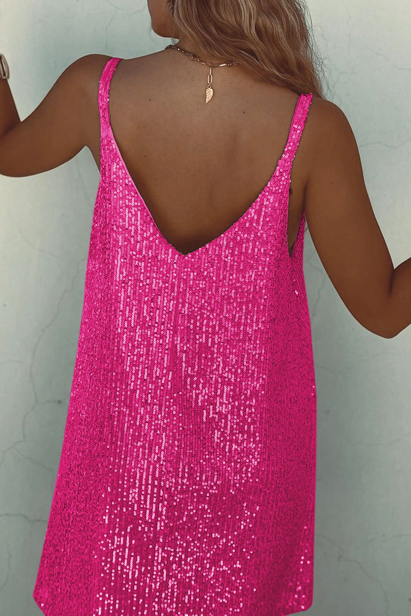 Ladies Mini Dress - Sleeveless - Sequins - V-Neck - Spaghetti Straps - Elegant Fit