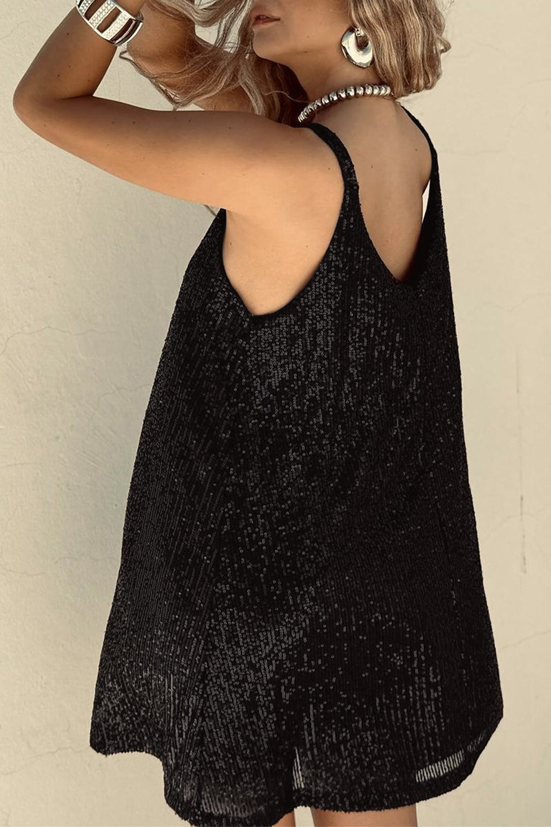 Ladies Mini Dress - Sleeveless - Sequins - V-Neck - Spaghetti Straps - Elegant Fit