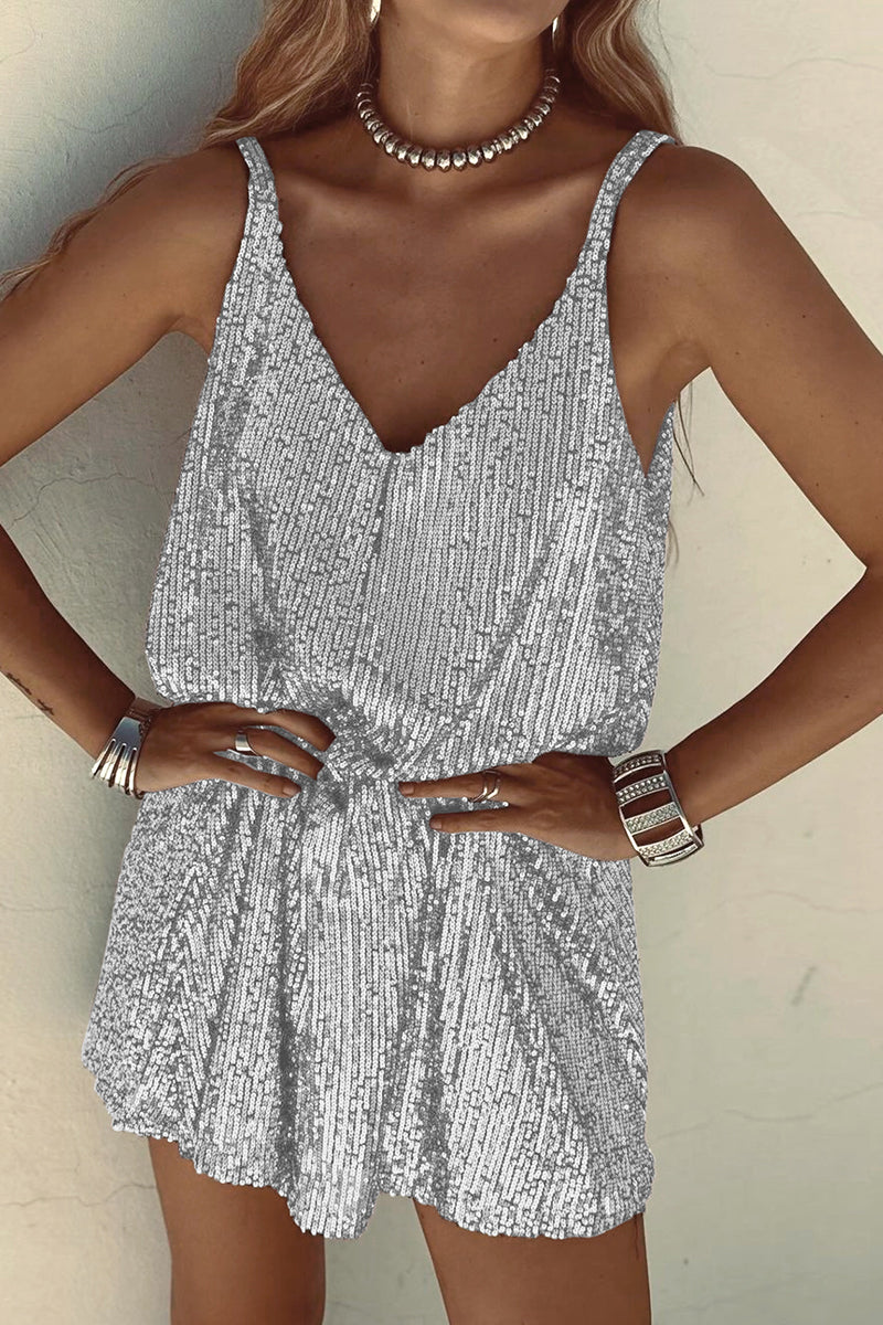 Ladies Mini Dress - Sleeveless - Sequins - V-Neck - Spaghetti Straps - Elegant Fit