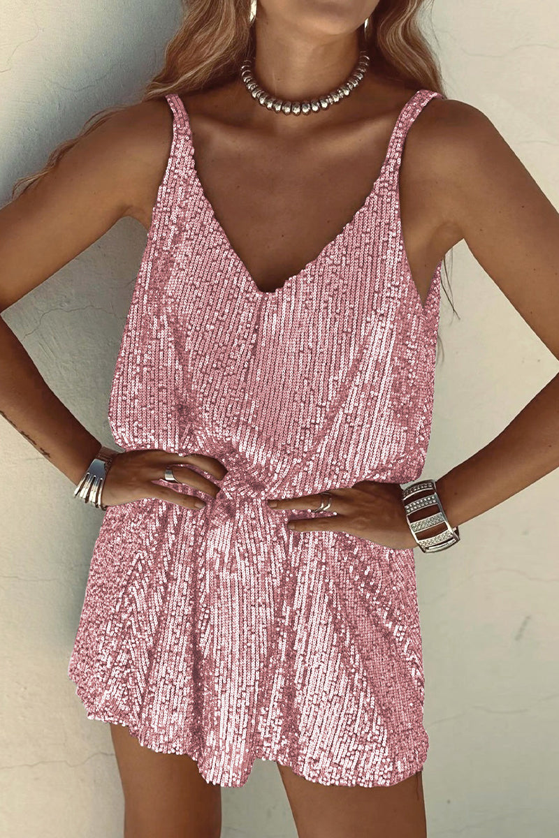 Ladies Mini Dress - Sleeveless - Sequins - V-Neck - Spaghetti Straps - Elegant Fit