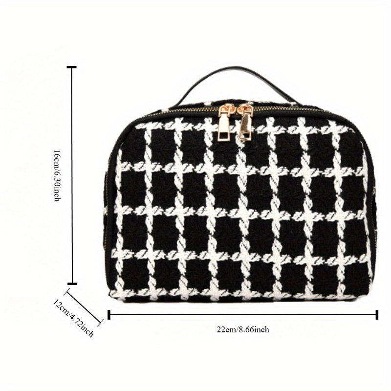 Ladies Handbag – Textured Fabric – Checked Design – Double Zipper – Handle – Elegant