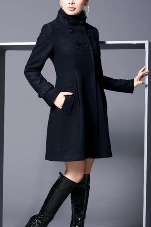 Ladies Coat - Wool - A-line - Double-breasted - High Collar - Knee-length - Elegant Fit