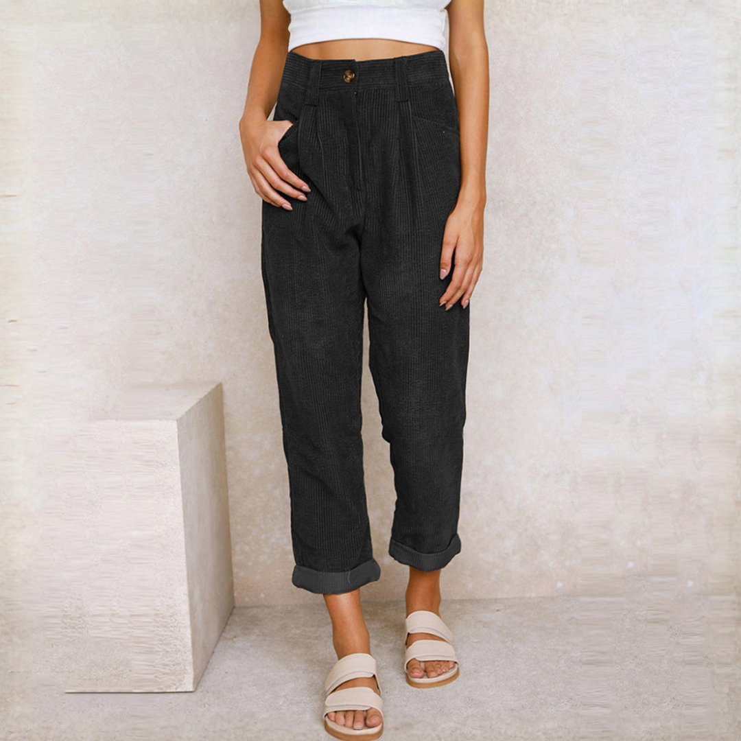 Women's Trousers - High Waist - Fitted with Pleat - Tapered Fit - Ribbed Comfort Design