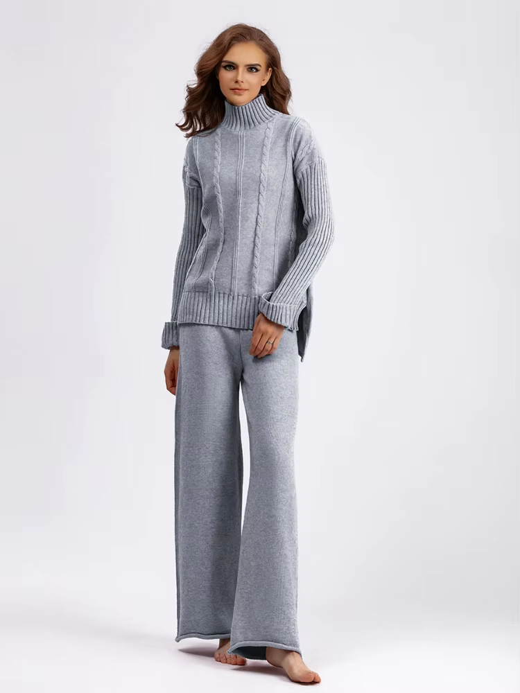 Women's Knitted Set - Chunky Turtleneck Sweater & Wide Pants - Comfortable Fit