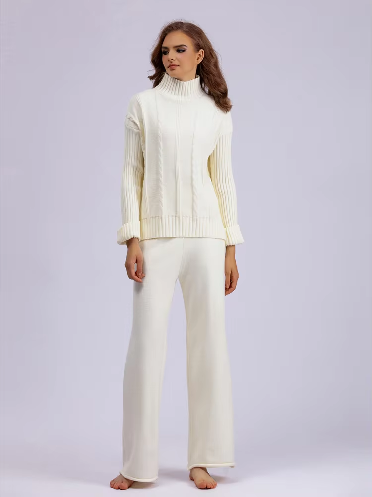 Women's Knitted Set - Chunky Turtleneck Sweater & Wide Pants - Comfortable Fit