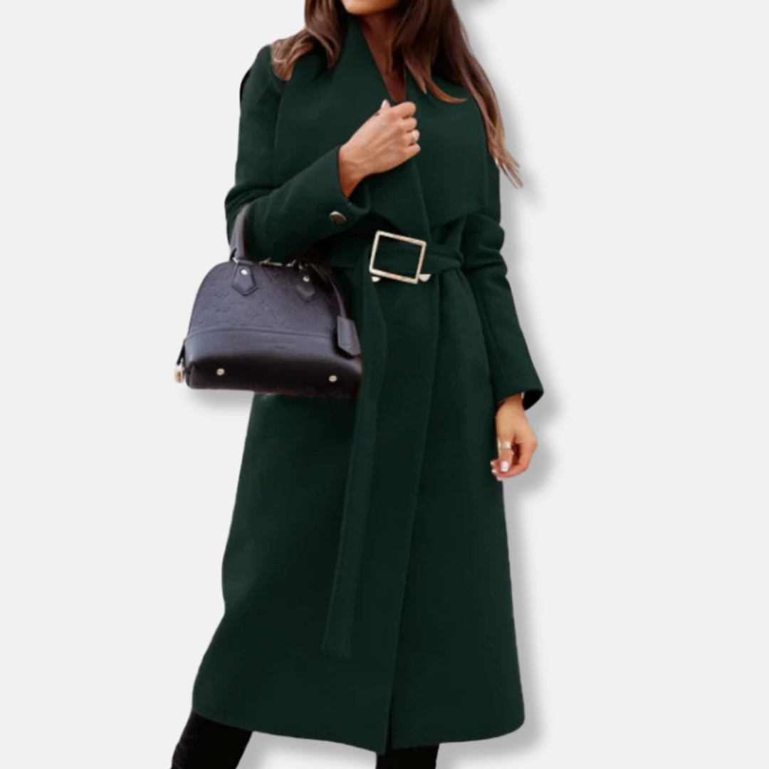 Women's Long Coat – Tailored Relaxed Fit – Belt – Drapé Lapel – Gold-Colored Buckle