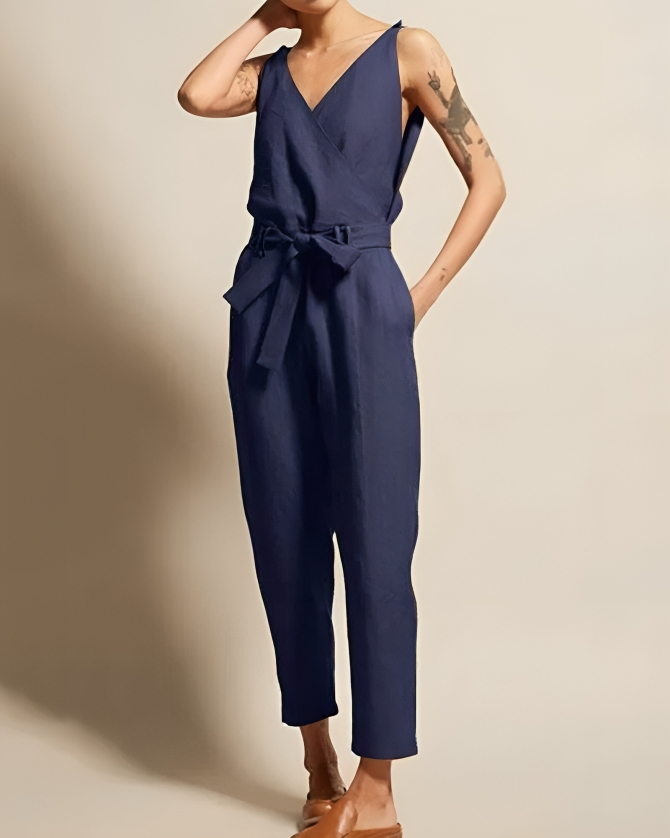Women's Jumpsuit - Linen Cotton - Tailored Fit - Sleeveless with Wrap V-Neck