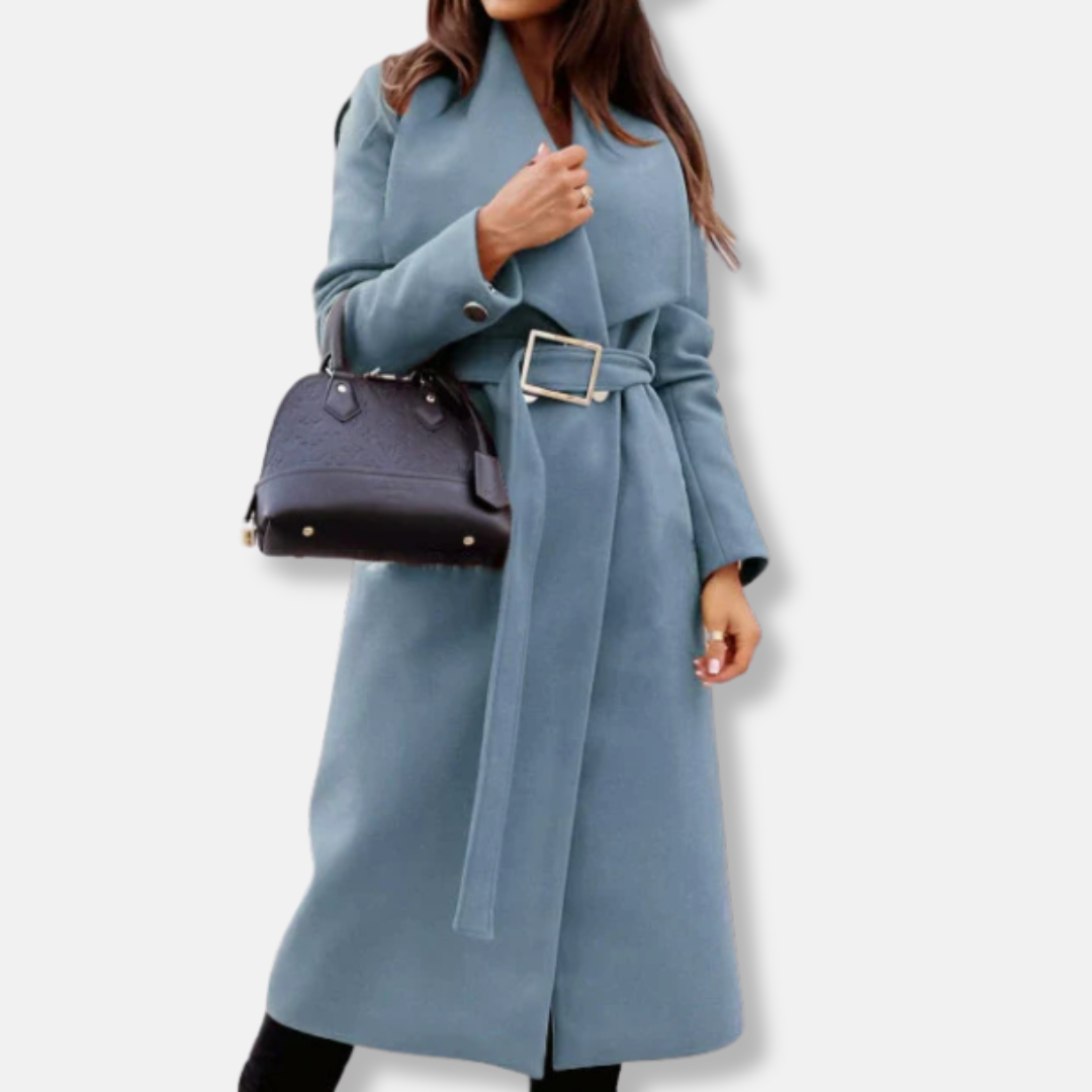 Women's Long Coat – Tailored Relaxed Fit – Belt – Drapé Lapel – Gold-Colored Buckle