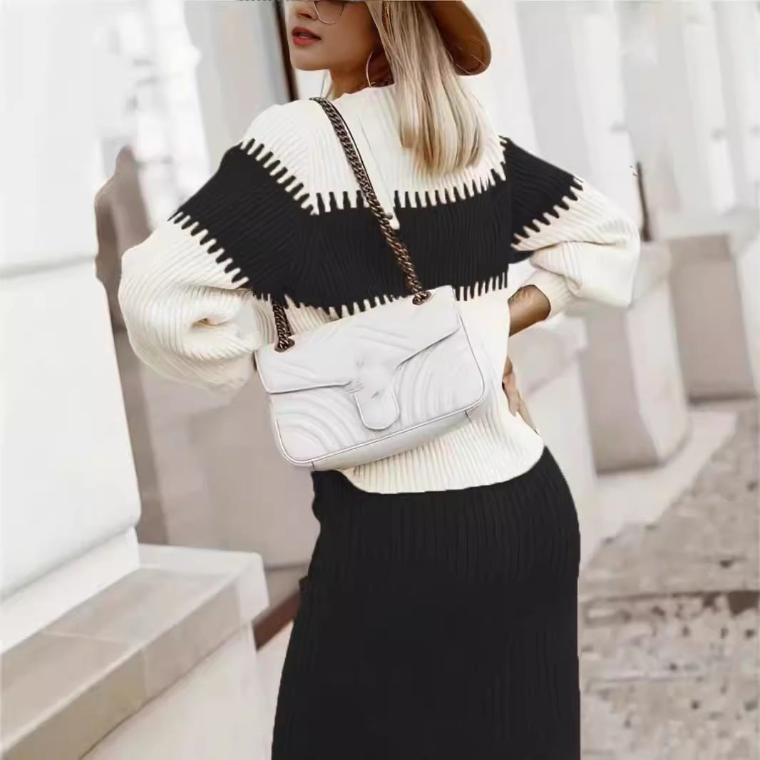 Women's Knitted Set – Pullover Sweater with Zigzag Pattern – Fitted Pencil Skirt – Comfort Fit
