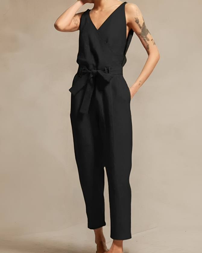 Women's Jumpsuit - Linen Cotton - Tailored Fit - Sleeveless with Wrap V-Neck