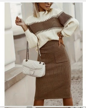 Women's Knitted Set – Pullover Sweater with Zigzag Pattern – Fitted Pencil Skirt – Comfort Fit