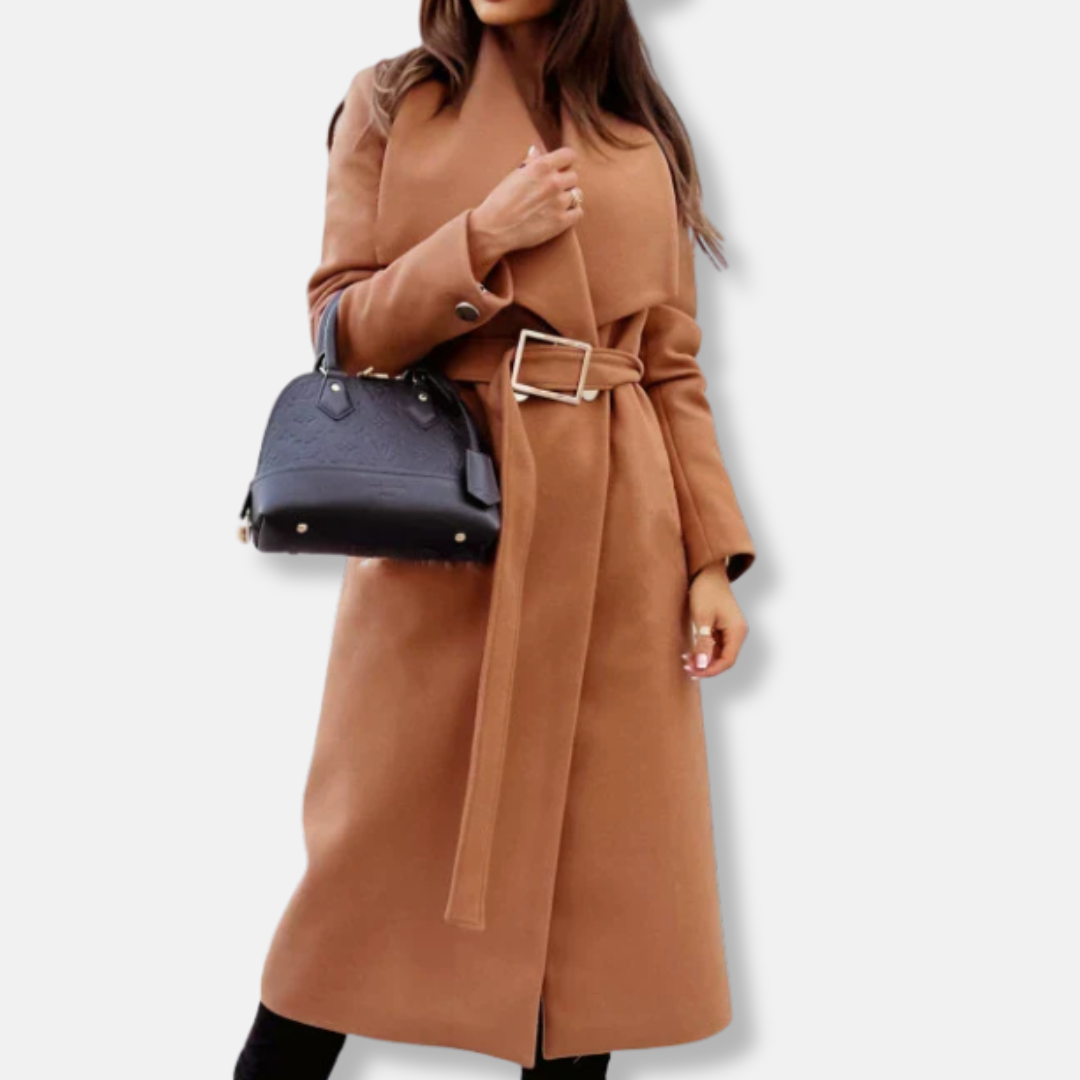 Women's Long Coat – Tailored Relaxed Fit – Belt – Drapé Lapel – Gold-Colored Buckle