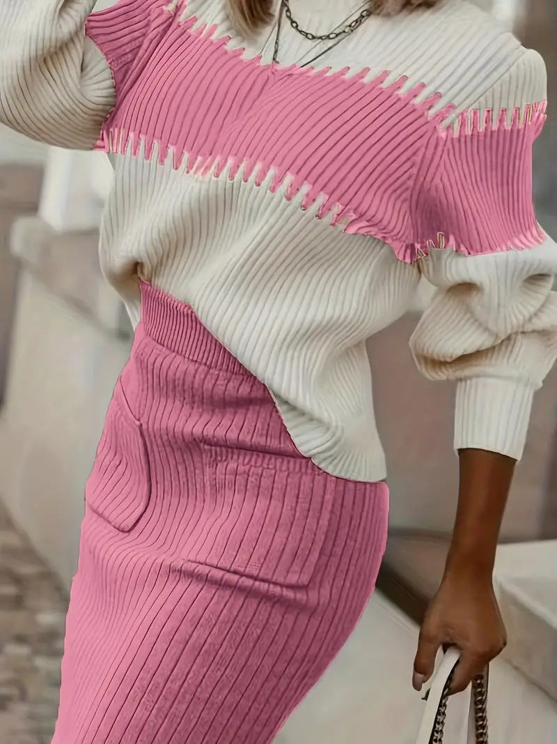 Women's Knitted Set – Pullover Sweater with Zigzag Pattern – Fitted Pencil Skirt – Comfort Fit
