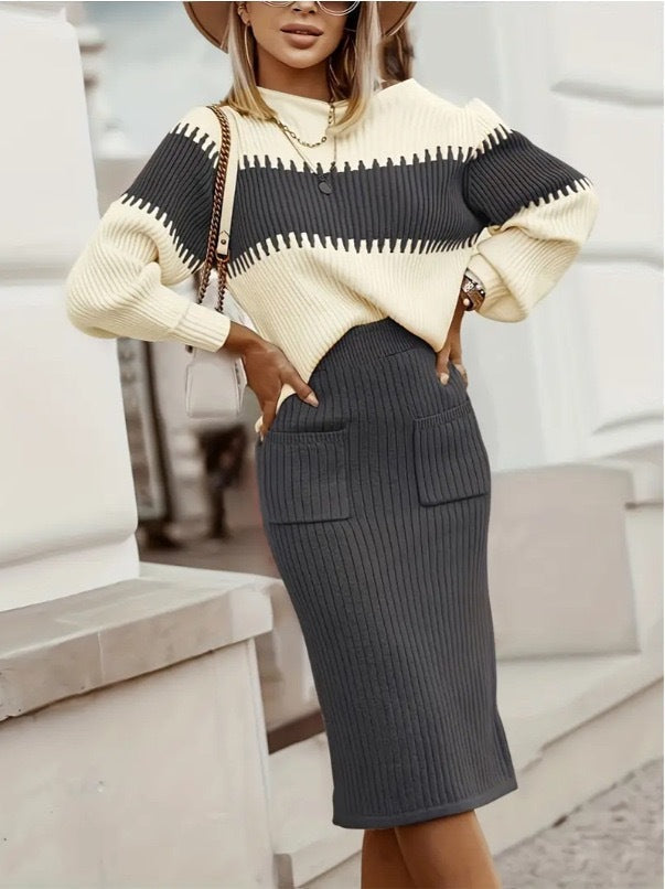 Women's Knitted Set – Pullover Sweater with Zigzag Pattern – Fitted Pencil Skirt – Comfort Fit