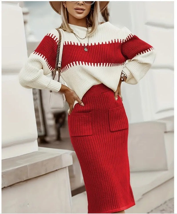 Women's Knitted Set – Pullover Sweater with Zigzag Pattern – Fitted Pencil Skirt – Comfort Fit