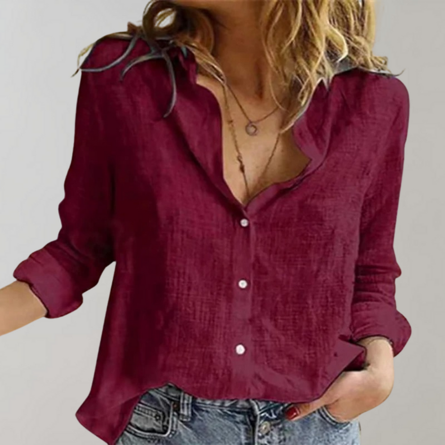 Women's Blouse – Breathable Linen Blend – Relaxed Fit – Long Sleeves – Classic Collar