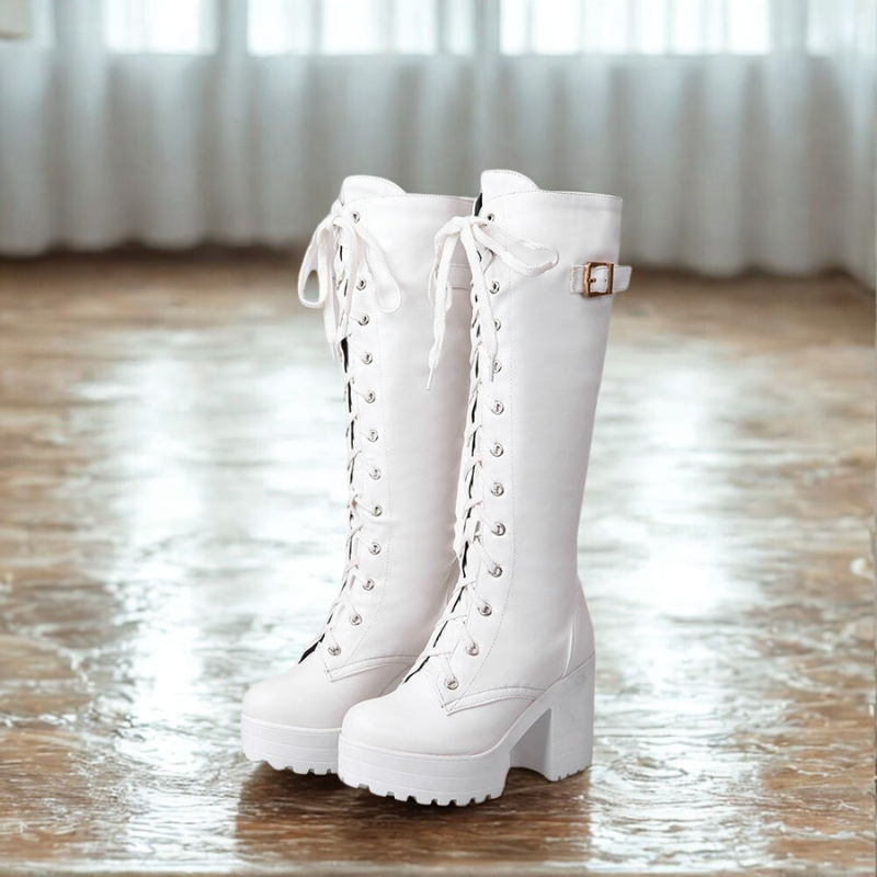 Women's knee boots – Slim fit – Lace-up closure – Platform sole – Block heel – Profile sole