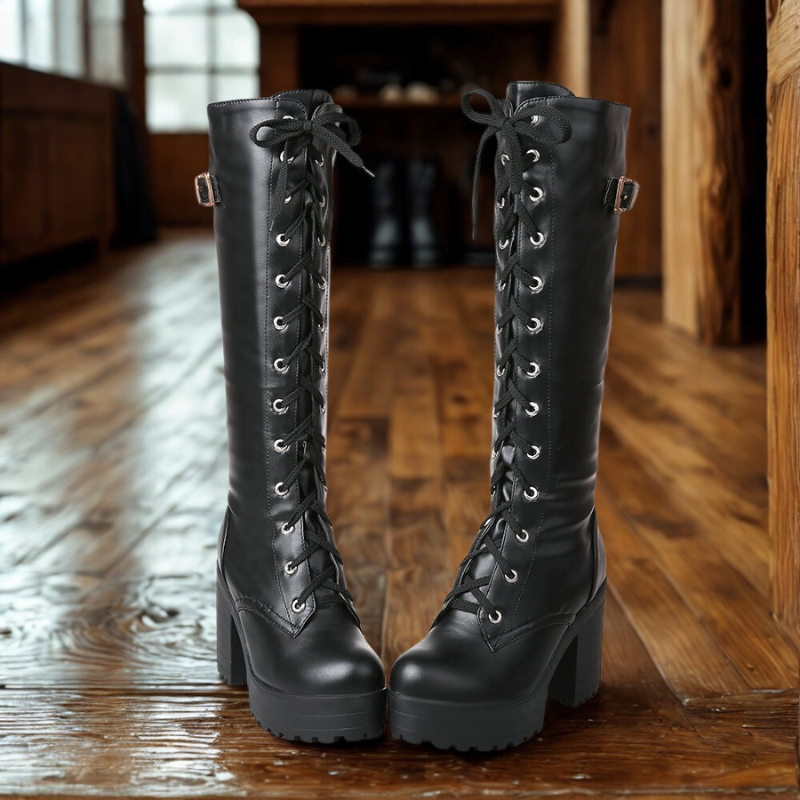 Women's knee boots – Slim fit – Lace-up closure – Platform sole – Block heel – Profile sole