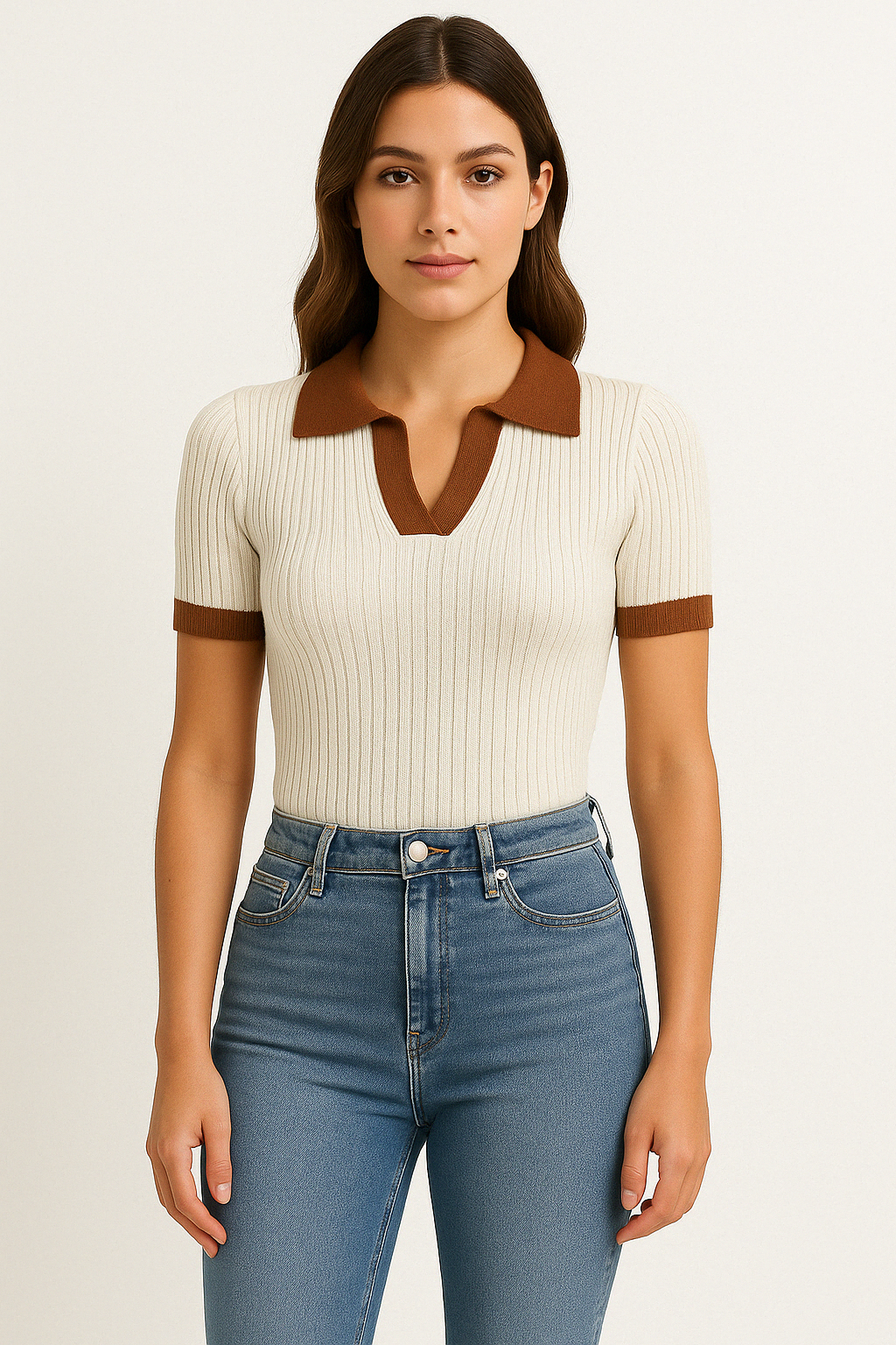 Women's Polo Shirt – Slim Fit – Ribbed Texture – Cropped – Short Sleeves – Soft Knit