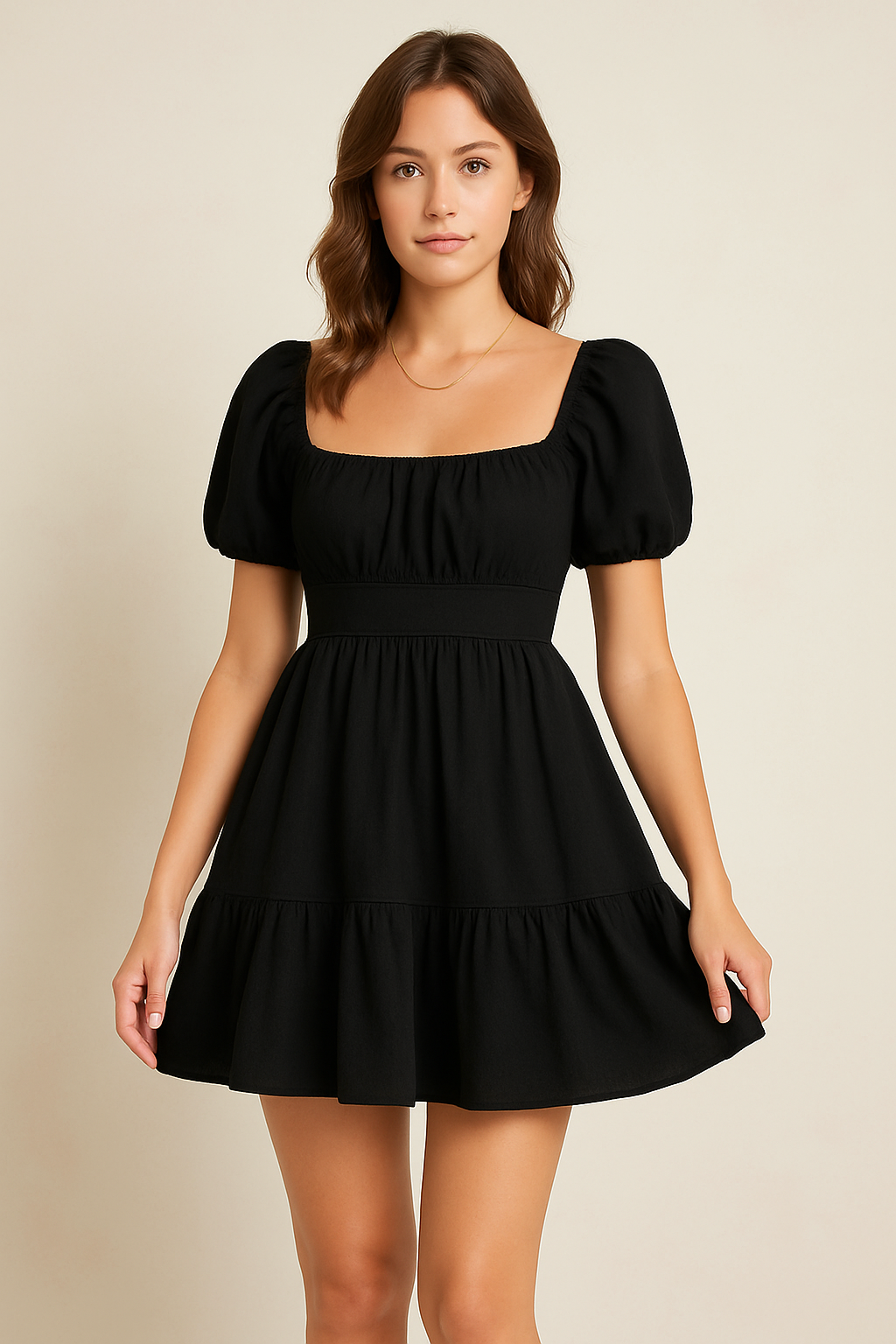Ladies Mini Dress – Breathable Fabric – Square Neck – Puff Sleeve – Cut In Waist