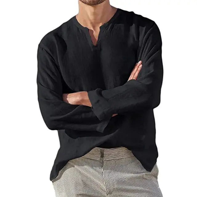 Men's Shirt – Breathable Linen – V-Neck – Long Sleeves – Loose Fit