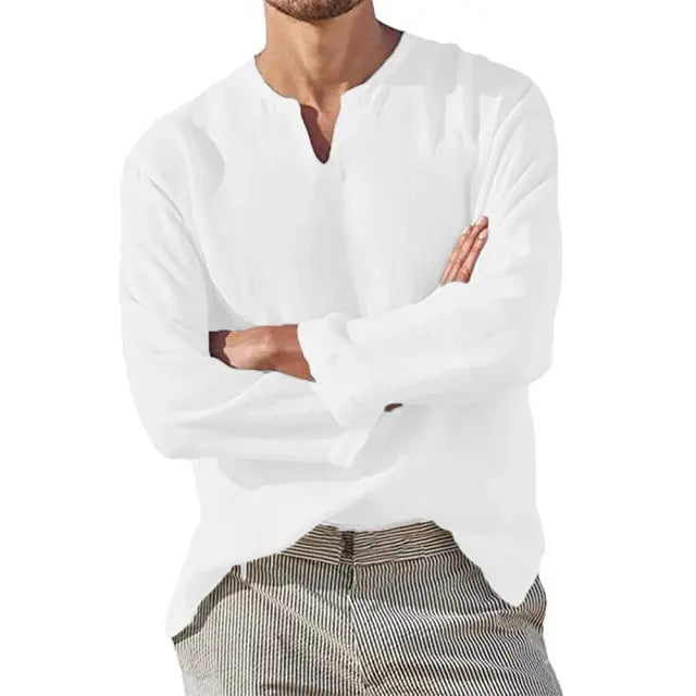 Men's Shirt – Breathable Linen – V-Neck – Long Sleeves – Loose Fit
