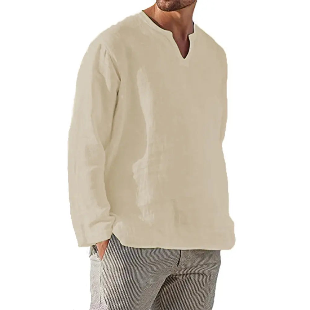 Men's Shirt – Breathable Linen – V-Neck – Long Sleeves – Loose Fit