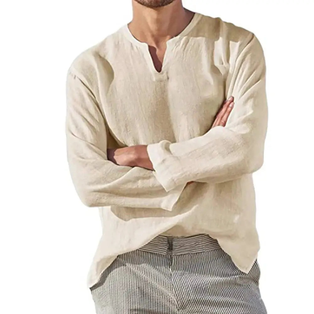 Men's Shirt – Breathable Linen – V-Neck – Long Sleeves – Loose Fit
