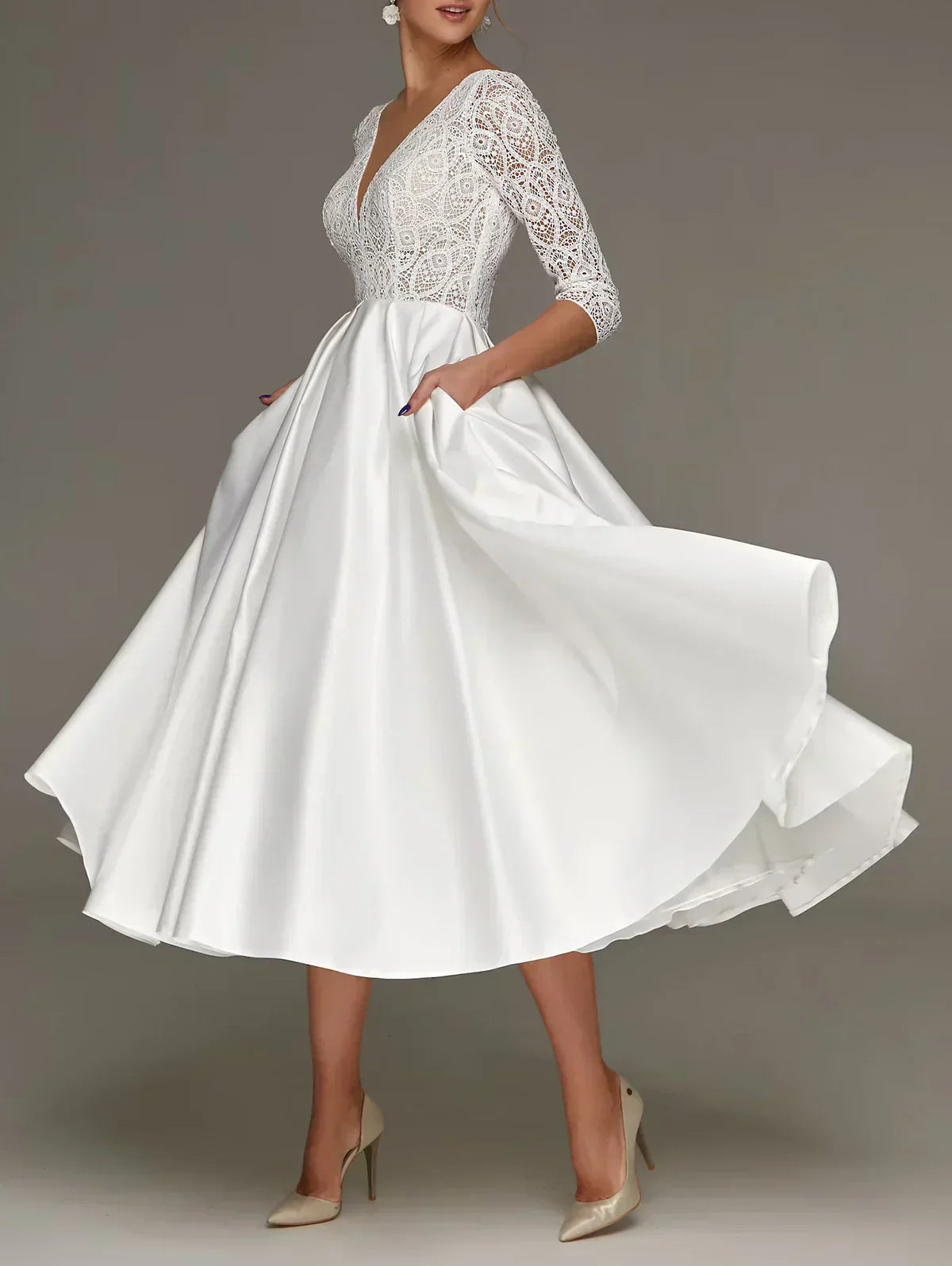 Ladies Evening Dress - A-line Fit - Lace Top - V-neck - 3/4 Sleeves - With Pockets