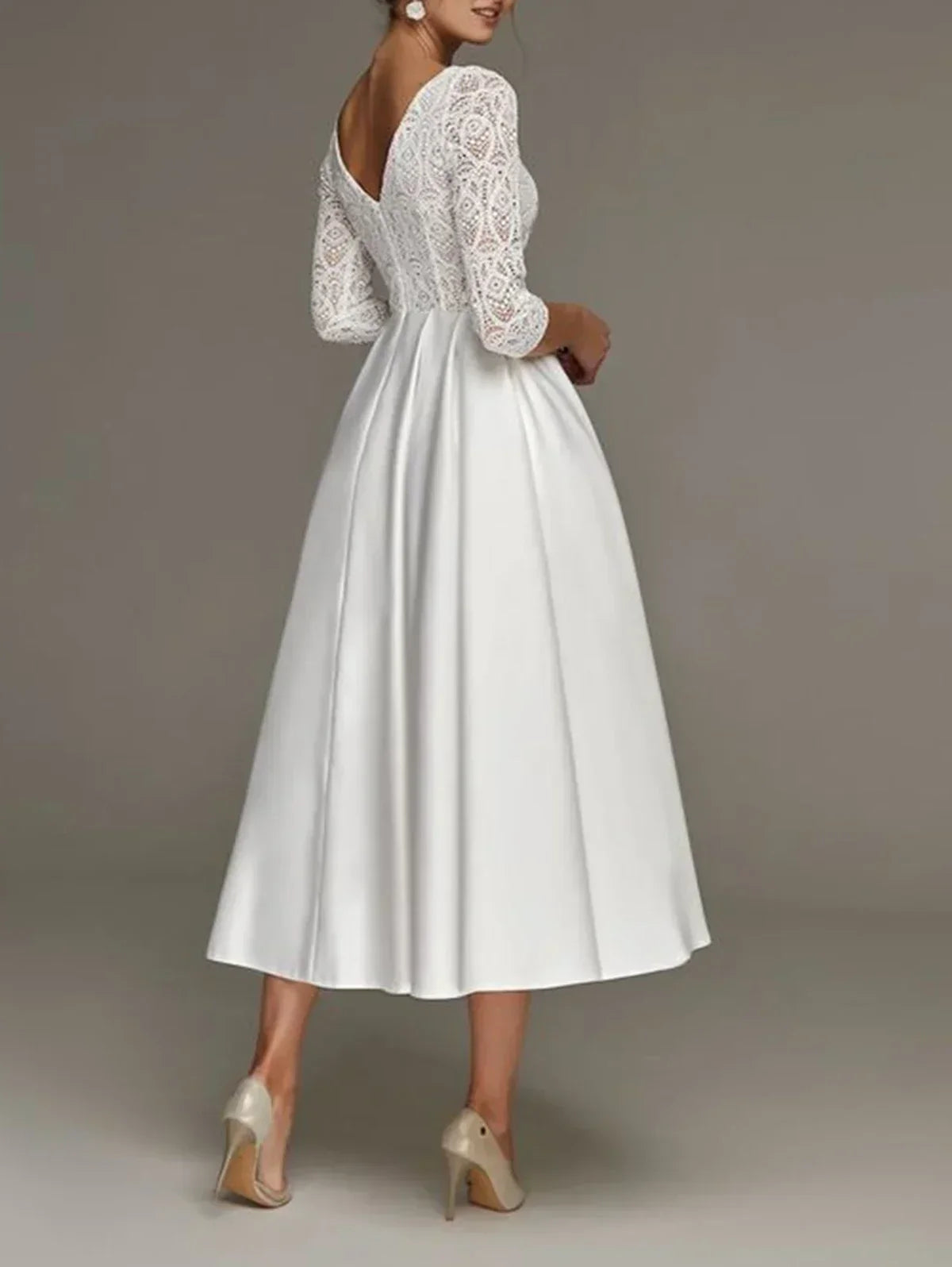 Ladies Evening Dress - A-line Fit - Lace Top - V-neck - 3/4 Sleeves - With Pockets