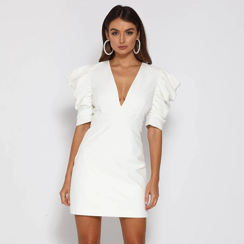 Ladies Mini Dress – Fitted Style – Deep V-Neck – Ruffle Sleeves – Elegant Design