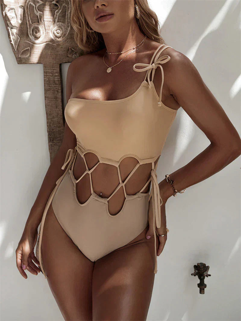 Women's Swimsuit - One Piece - Cut-Out Design - Quick-Drying Elastic - Lattice Details