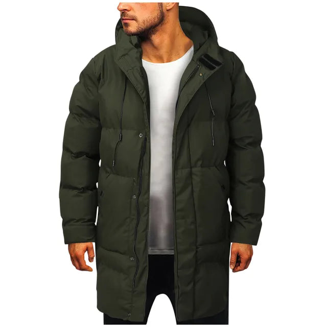 Men's Quilted Jacket – Water-Repellent – Adjustable Hood – Long Length – Casual Warmth