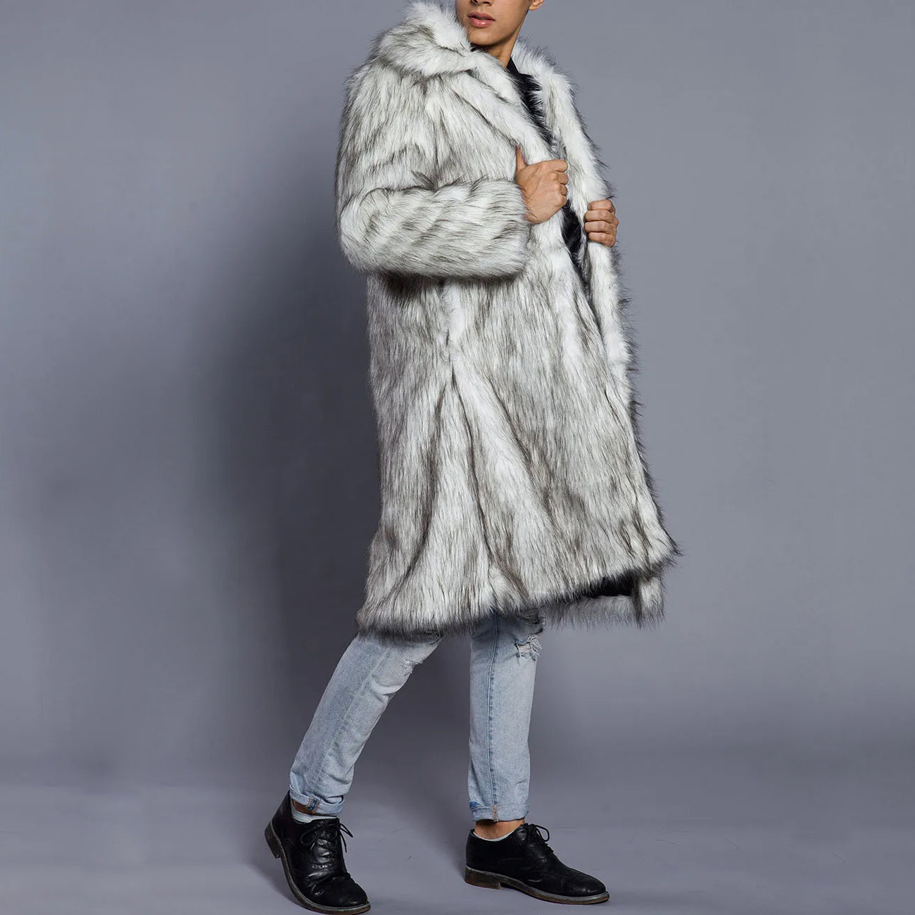 Men's Fur Coat – Oversized Fit – Full Length – Luxury Faux Fur – Open Front