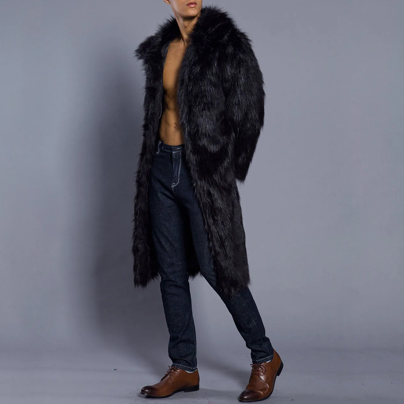 Men's Fur Coat – Oversized Fit – Full Length – Luxury Faux Fur – Open Front
