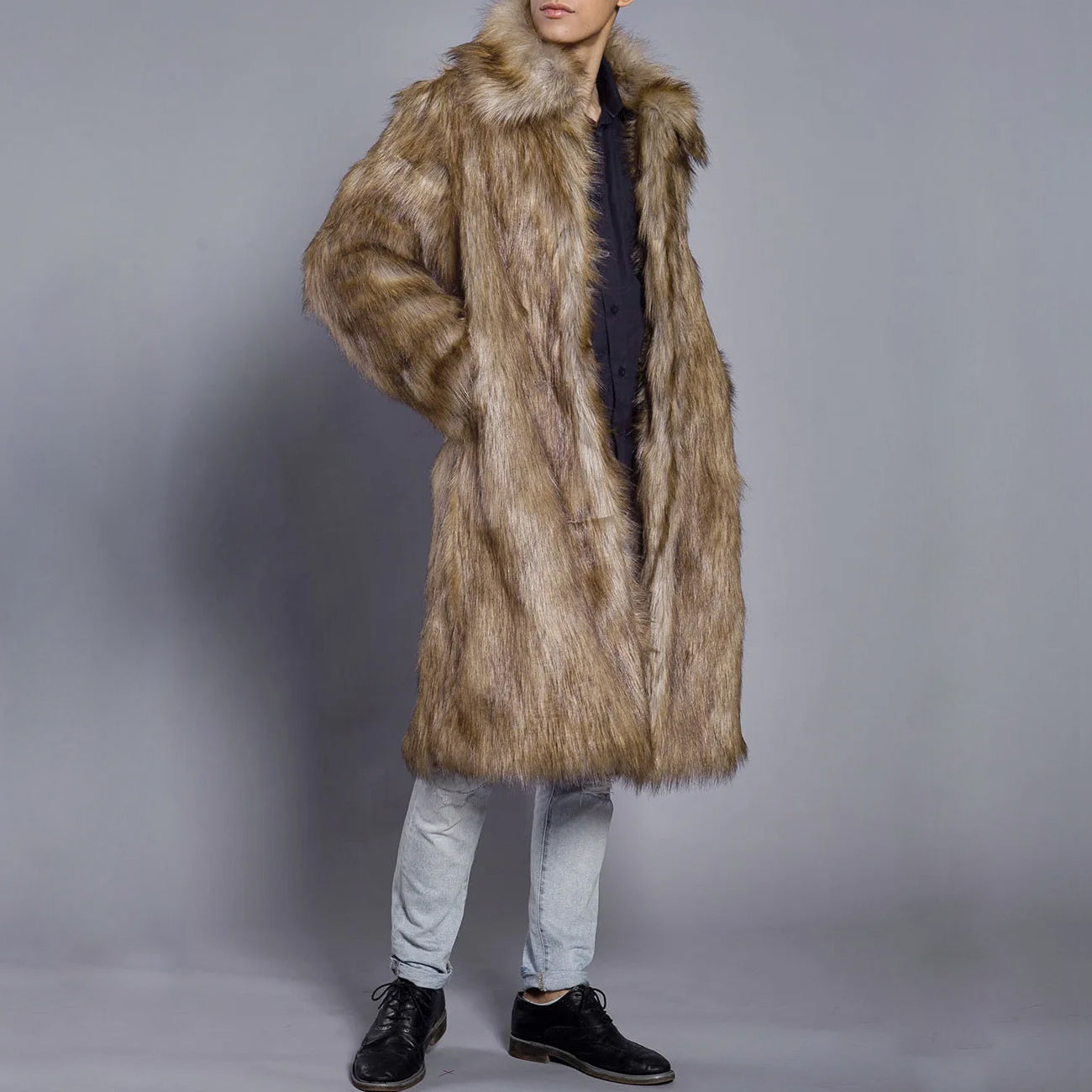 Men's Fur Coat – Oversized Fit – Full Length – Luxury Faux Fur – Open Front