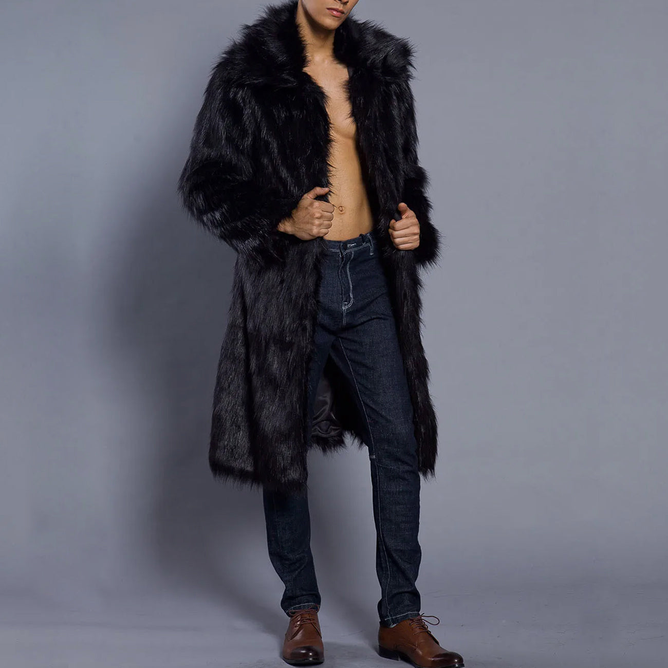 Men's Fur Coat – Oversized Fit – Full Length – Luxury Faux Fur – Open Front