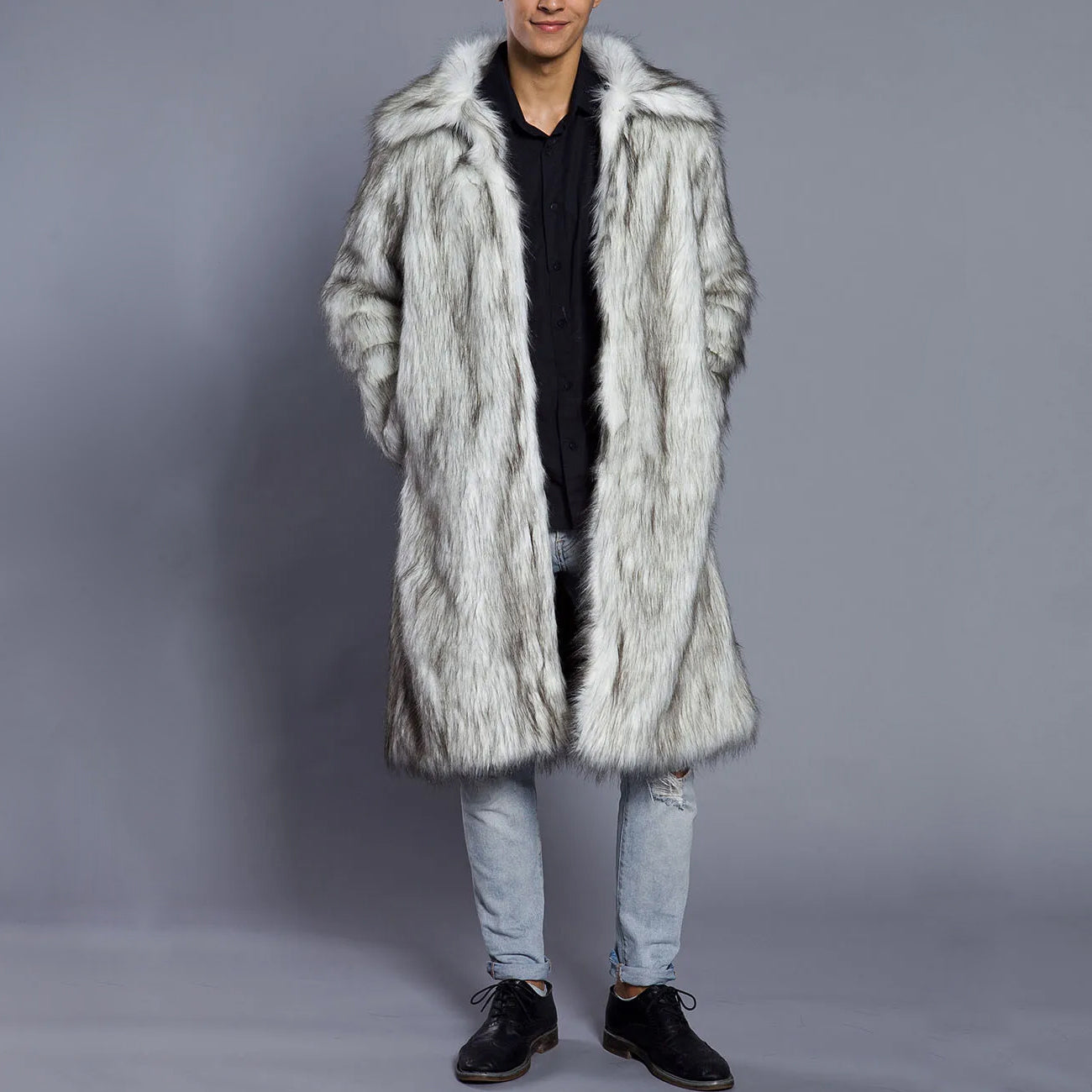 Men's Fur Coat – Oversized Fit – Full Length – Luxury Faux Fur – Open Front