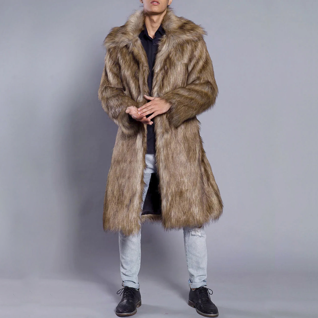 Men's Fur Coat – Oversized Fit – Full Length – Luxury Faux Fur – Open Front