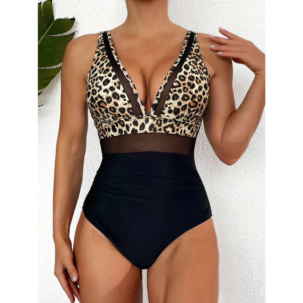 Ladies Swimsuit - Shaping Effect - Mesh Insert - High Waist Model - Deep Neckline