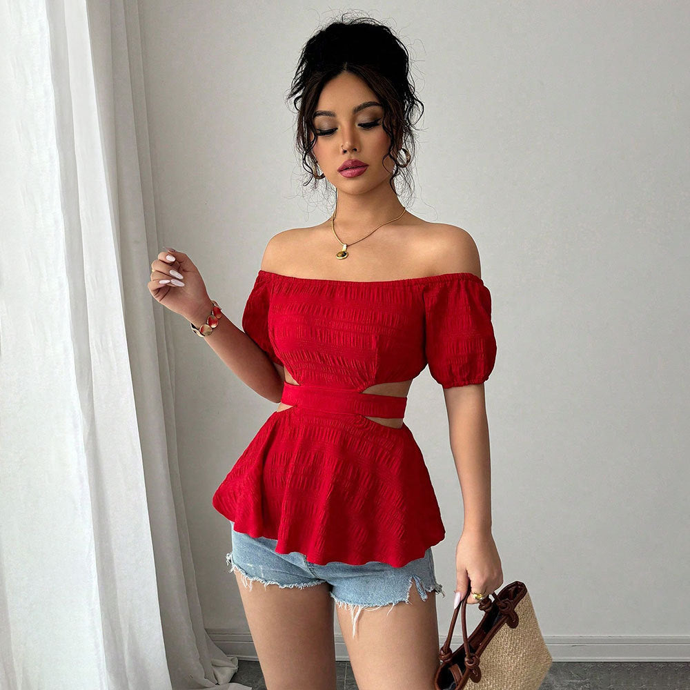 Ladies Crop Top – Off-Shoulder – Fitted Model – Crisscross Waist – Short Sleeve