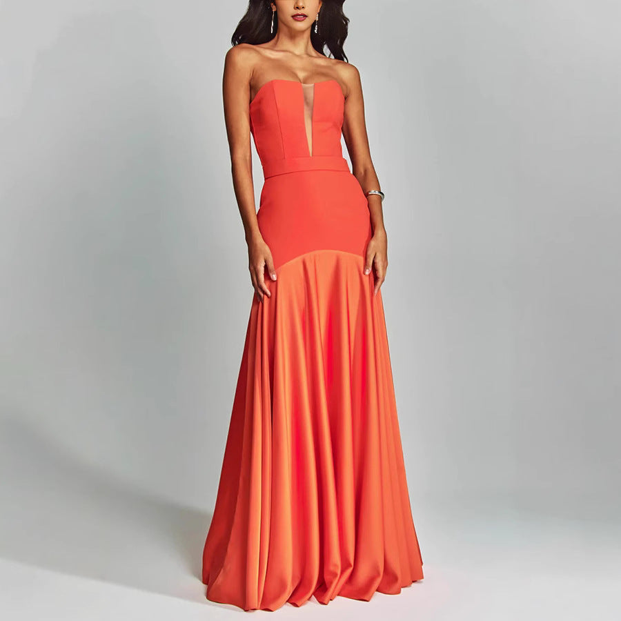 Ladies Evening Dress – Strapless – Slim Fit – Luxurious Shine – Plunging Neckline – Long Model