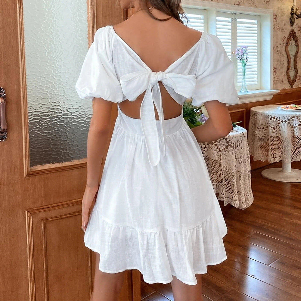 Ladies Mini Dress – Breathable Fabric – Square Neck – Puff Sleeve – Cut In Waist