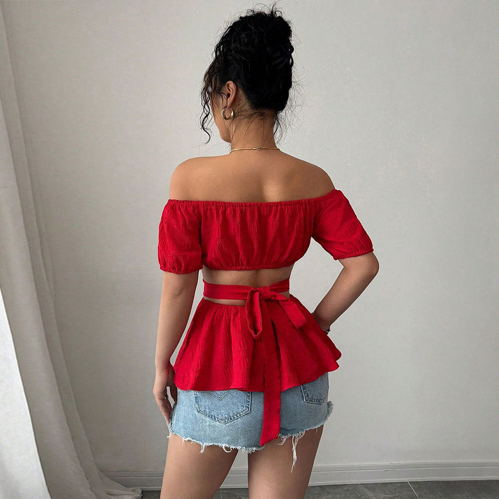 Ladies Crop Top – Off-Shoulder – Fitted Model – Crisscross Waist – Short Sleeve
