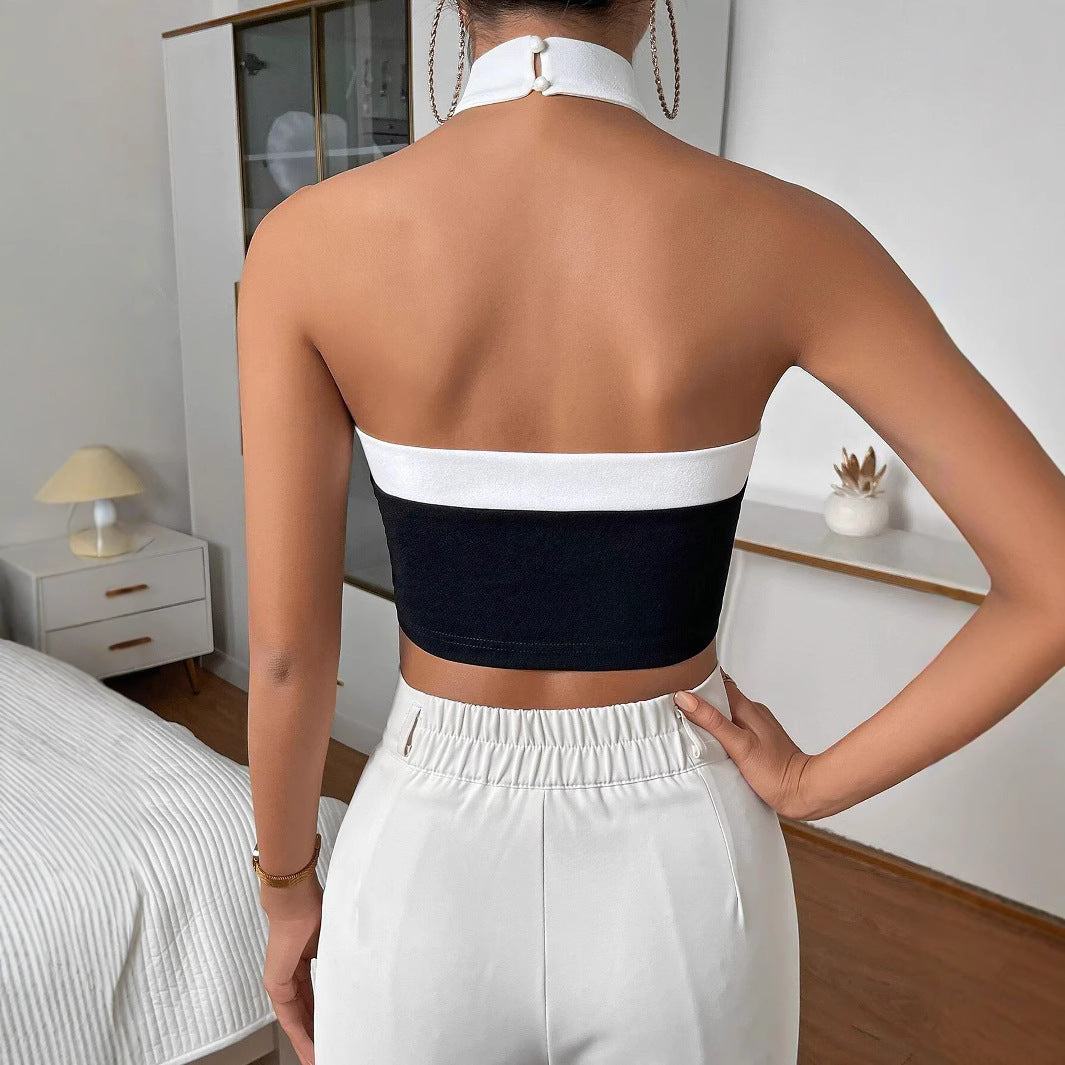 Women's Haltertop – Slim Fit – Cropped Length – Crisscross Neckline – Contrast Finish
