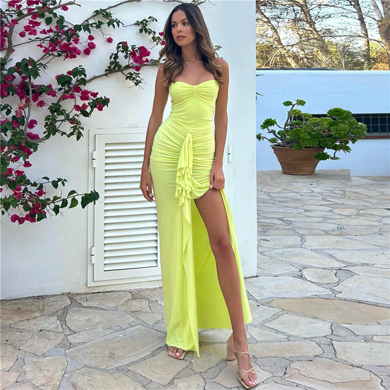 Ladies Evening Dress – Slim Fit – Halter Neck – Luxury Fabric – Ruched – Split Maxi Model