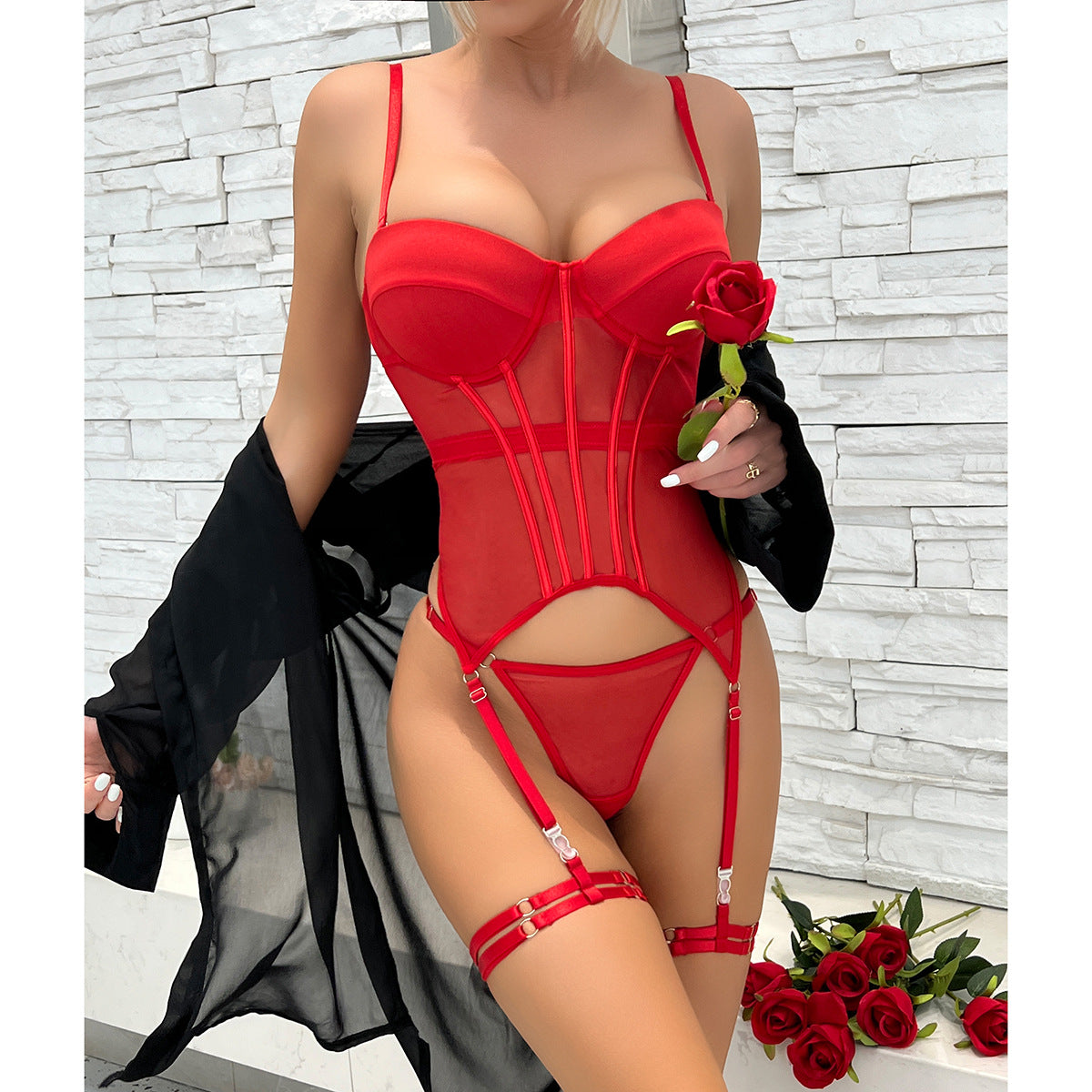 Ladies Lingerie Set – Sheer Bodysuit with Underwire Cups – Adjustable Straps – Garters